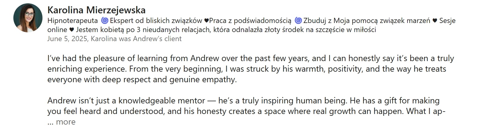 Karolina Mierzejewska — LinkedIn recommendation for Andrew Roberts, Property With Andrew